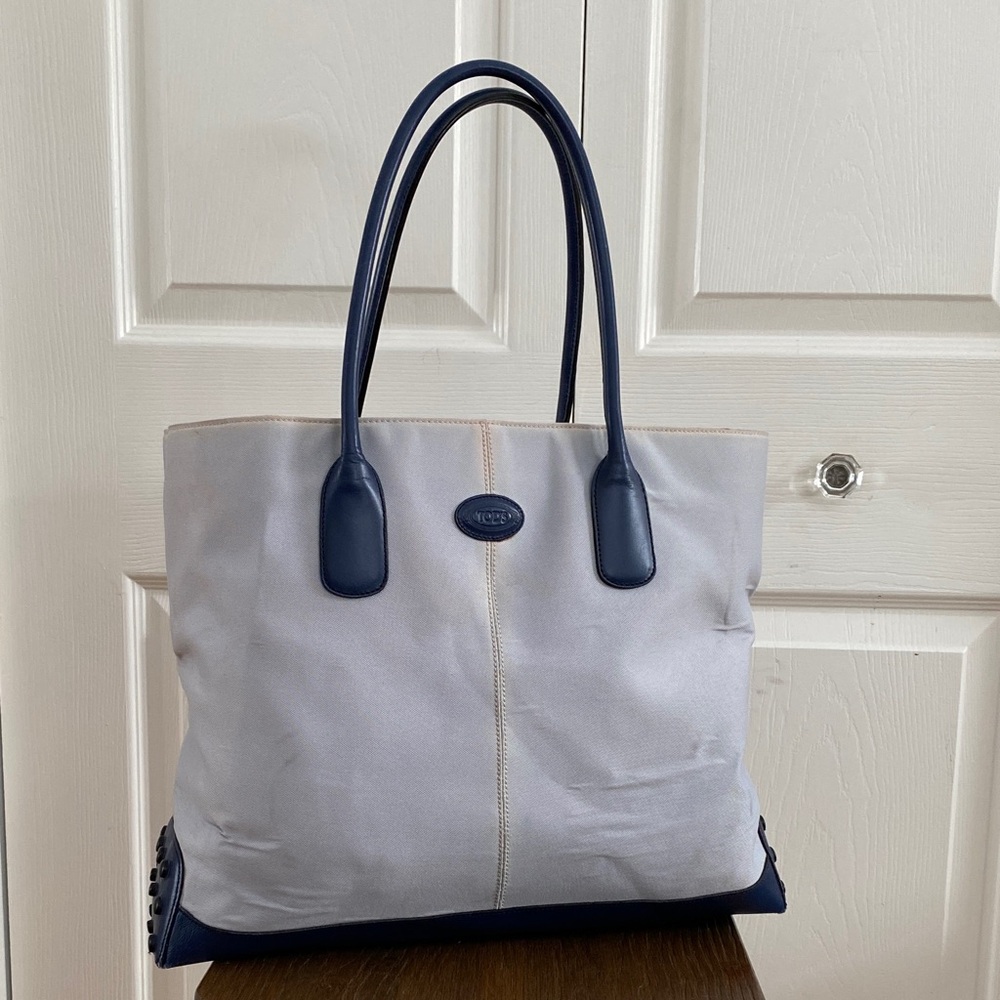 Tod's Canvas & Leather Tote Blue and Ivory with Pebble Base *As Is*